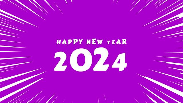 animated happy new year 2024 fun moving writing style with purple background pop art anime effect Radial comic speed lines