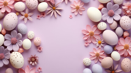 Fototapeta na wymiar creative easter layout. horizontal pattern made with spring flowers and eggs on a pastel lilac background. copy space. top view. flat lay 