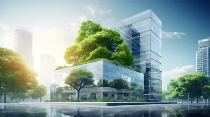 Rolgordijnen Eco-friendly building in the modern city. Sustainable glass office building with tree for reducing carbon dioxide. Office building with green environment. Corporate building reduce CO2 © Alin