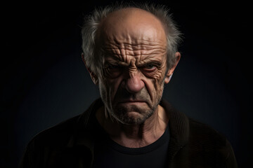 Angry senior Caucasian man, head and shoulders portrait on black background. Neural network generated photorealistic image. Not based on any actual person or scene. - obrazy, fototapety, plakaty