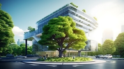 Naklejka premium Eco-friendly building in the modern city. Sustainable glass office building with tree for reducing carbon dioxide. Office building with green environment. Corporate building reduce CO2