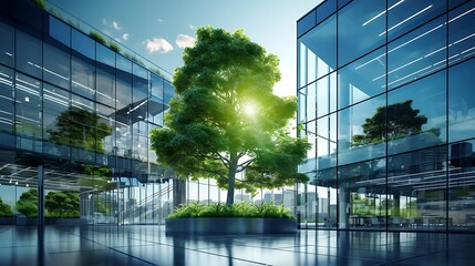 Eco-friendly building in the modern city. Sustainable glass office building with tree for reducing carbon dioxide. Office building with green environment. Corporate building reduce CO2 - obrazy, fototapety, plakaty