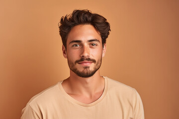Obraz premium Generative AI portrait of a very handsome brown hair man isolated on beige background