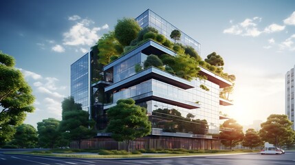 Eco-friendly building in the modern city. Sustainable glass office building with tree for reducing carbon dioxide. Office building with green environment. Corporate building reduce CO2 - obrazy, fototapety, plakaty