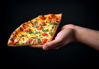 Pizza slice delicious in human hand on dark background