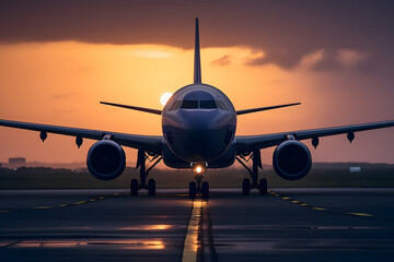 airplane landing at sunset. 
