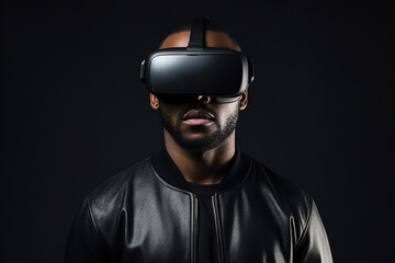 Generative AI photography of handsome man wear vr glasses gaming online isolated on dark background