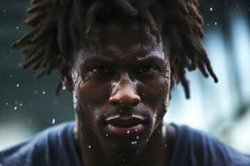 Generative AI picture of serious sweaty concentrated young man running jogging purposeful face wearing activewear - obrazy, fototapety, plakaty