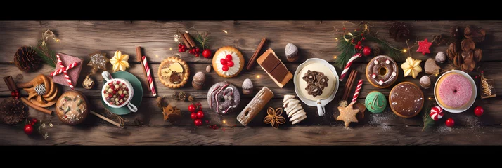 Fotobehang Cute Christmas sweets and cookie table scene. Top view on a rustic dark wood banner background. Fun holiday baking concept. © petrrgoskov