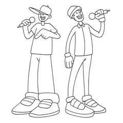 two cool rappers with microphone in hand. vector comic illustration