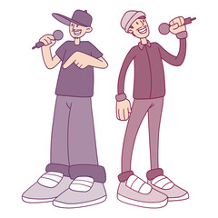 two cool rappers with microphone in hand. vector comic illustration