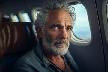 Generative AI picture portrait of aged woman man traveler person inside modern jet plane