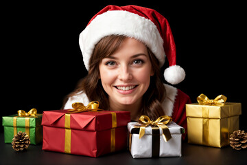 Fototapeta na wymiar smiling happy woman in christmas clothes and santa hat pose with x-mas gifts and decorations isolated on black