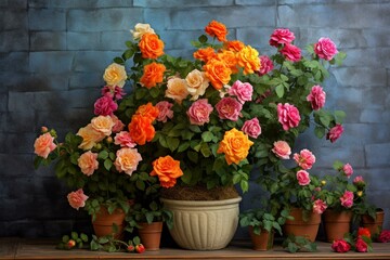 A blooming potted plant with vibrant and colorful rose flowers. Generative AI