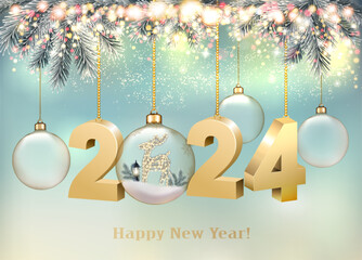 Abstract holiday christmas light background with gold 2024 numbers and transparent balls. Vector illustration - 673901665