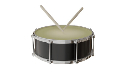 Black snare drum with drum sticks isolated on transparent and white background. Music concept. 3D render