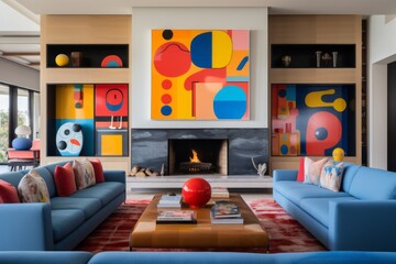 Vibrant Artwork in Modern Living Room.
A colourful abstract painting dominates a stylish living room with blue sofas and a lit fireplace.