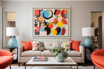 Chic Lounge with Geometric Art
An elegant lounge area with a large geometric art piece above a neutral-toned sofa flanked by blue lamps.