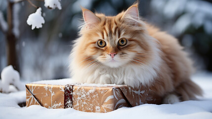 Adorable cat with Christmas gift boxes. Cute cat in a Christmas composition outdoors, in the snow