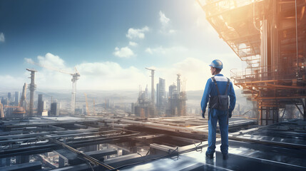 Fototapeta premium The engineer is facing with large industry background.. The construction manager on the industry background.