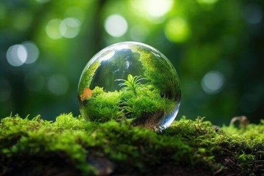 Glass globe on green grass, eco concept