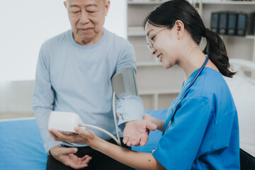 Obraz premium Beautiful Asian female nurse in a nursing uniform talks to a senior patient at the bedside in a hospital or clinic department.