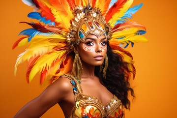 Beautiful brazilian woman in Brazilian carnival costume on yellow background - obrazy, fototapety, plakaty