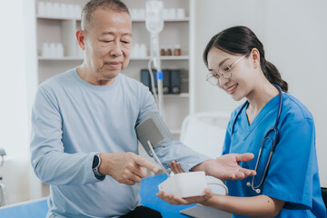 Obraz premium Beautiful Asian female nurse in a nursing uniform talks to a senior patient at the bedside in a hospital or clinic department.