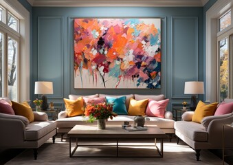Elegant Living Room with Vibrant Abstract Art.
A cozy living room with a colourful abstract painting and chic decor.