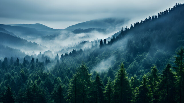Fototapeta A photo of the Black Forest, with misty atmosphere as the background, during a foggy morning