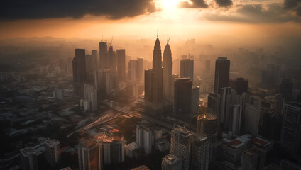 Fototapeta premium Kuala Lumpur City Centre skyscrapers buildings, drone view, Kuala Lumpur Skyline Malaysia on sunrise. Kuala Lumpur skyscraper at sunset, aerial view. Malaisie Cityscape financial district skyscrapers
