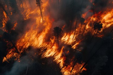 burning forest from a drone