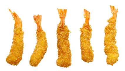 Ebi fry (Japanese fried shrimp), 5 pieces.
Japanese Ebi Fry is shrimp that has been peeled, coated in flour, dipped in egg batter, then breaded and fried in oil. - obrazy, fototapety, plakaty