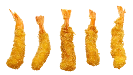 Foto op Plexiglas Ebi fry (Japanese fried shrimp), 5 pieces. Japanese Ebi Fry is shrimp that has been peeled, coated in flour, dipped in egg batter, then breaded and fried in oil. © uckyo