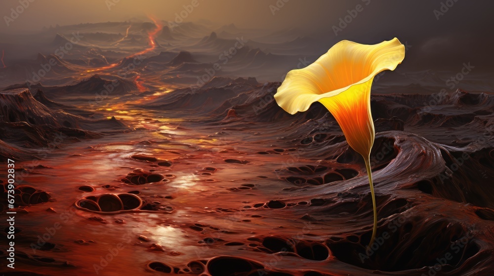 Poster a painting of a flower in the middle of a barren area with a stream of water running through the mid