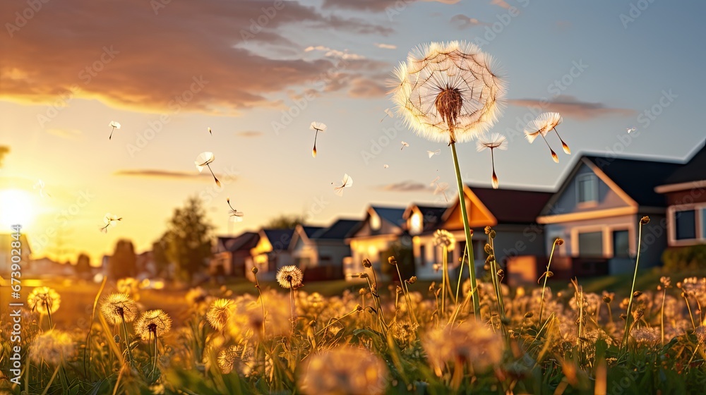 Poster a dandelion blowing in the wind in front of a row of houses with a sunset in the background. generat