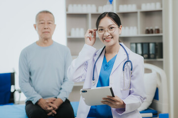 Fototapeta premium Female doctor talking taking care of her senior patient give support Doctor helping elderly patient with Alzheimer's disease A female attendant holds the hand of an elderly man