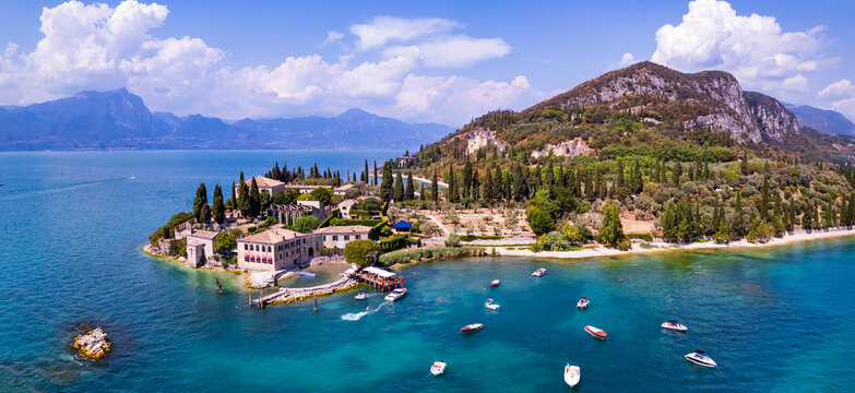 Punta San Vigilio - aerial drone view, most romantic place of Garda Lake ,Lago di Garda scenery. northern Italy.