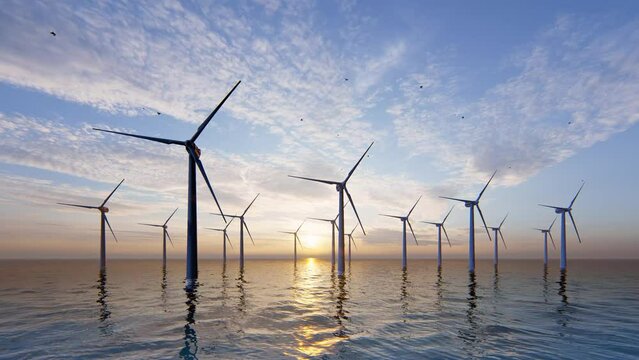 Offshore wind turbines farm on the ocean. Sustainable energy production, clean power. 4K ULTRA HD.