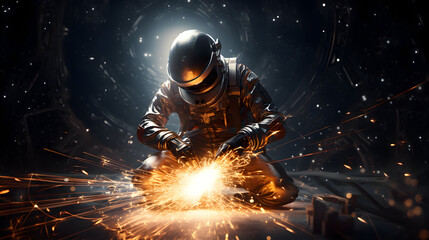 A welder in protective overalls and a welding mask welds metal structures by welding in a hard-to-reach place. forced posture. scaphander - obrazy, fototapety, plakaty