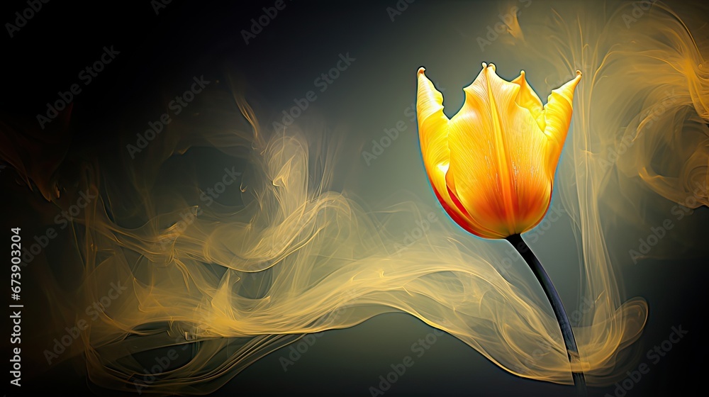 Poster a single yellow tulip on a black background with a swirl of yellow and orange on the bottom of the t