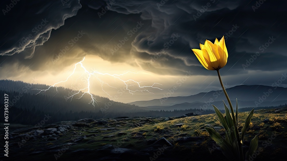 Poster a yellow flower sitting in the middle of a field under a cloudy sky with a lightning bolt in the dis