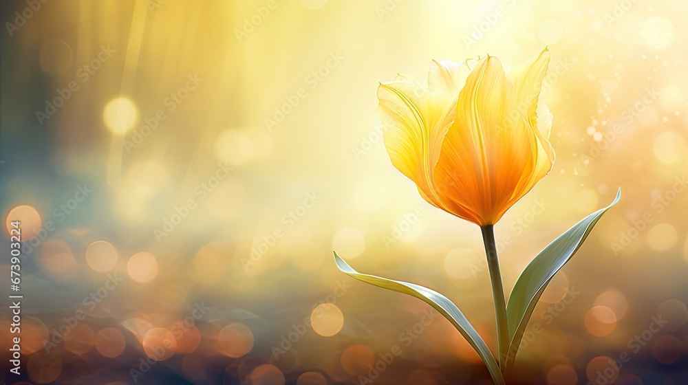 Poster a single yellow tulip sitting in the middle of a field with boke of light shining in the background.