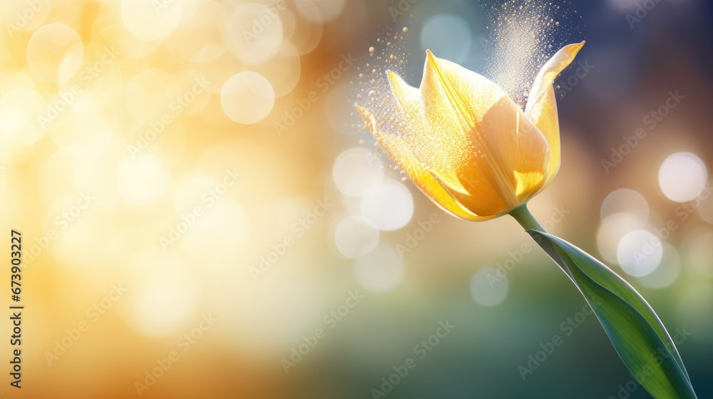 Poster a single yellow tulip in front of a blurry background with a boke of light in the background. genera