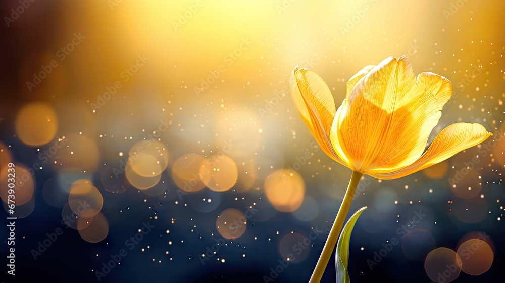 Poster a single yellow tulip in front of a blurry background with boke of light coming from the top of it. 