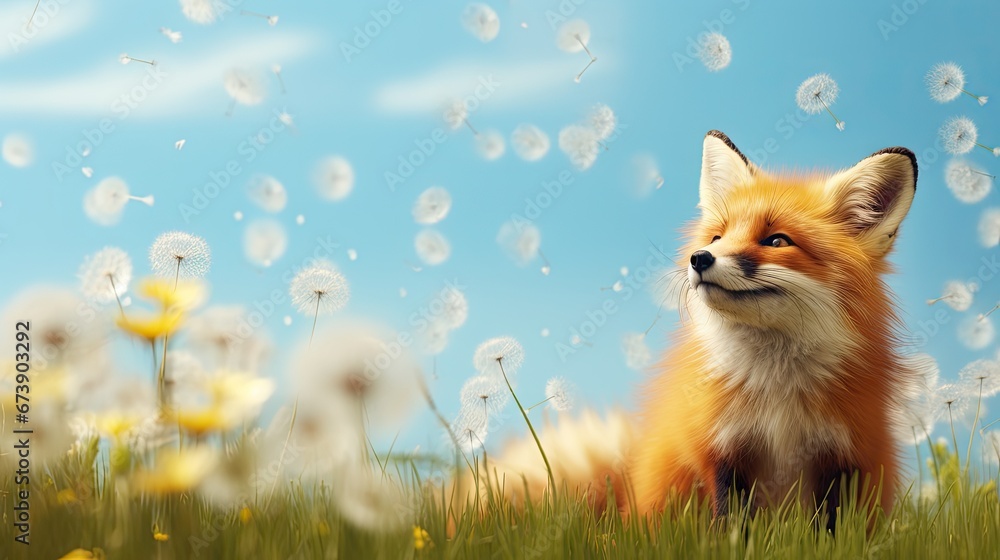 Poster  a red fox sitting in a field of dandelions and looking at the camera with a blue sky in the background.  generative ai