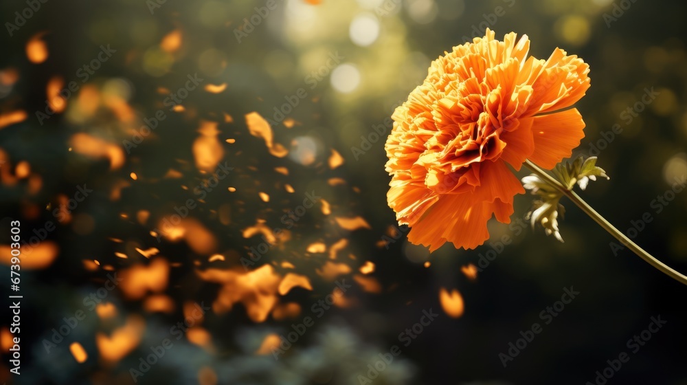 Poster  a close up of a flower on a stem with a blurry background of leaves and trees in the background.  generative ai