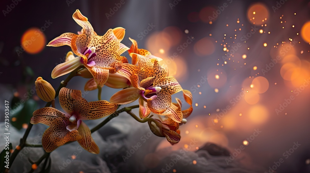 Poster a close up of a bunch of flowers on a table with lights in the background and a blurry image in the 