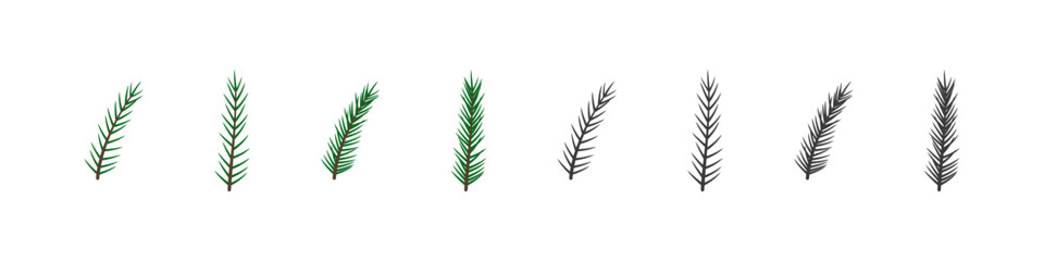 Fir branch vector flat set. Christmas decoration. Pine tree decorative twig collection. - obrazy, fototapety, plakaty