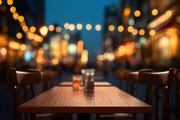 Night restaurant background with blurred lighting on a wooden table top. Generative AI